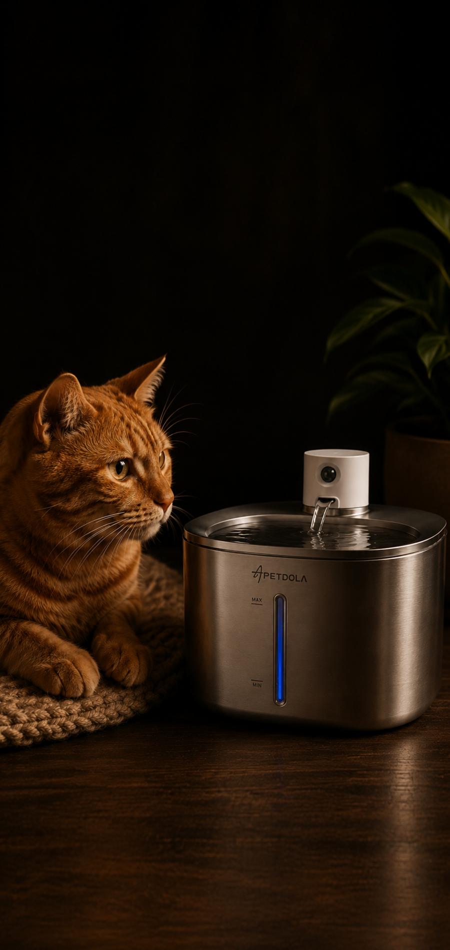 Fuente automática para gatos DULYKAR de acero inoxidable junto a un gato naranja en un ambiente cálido y elegante.