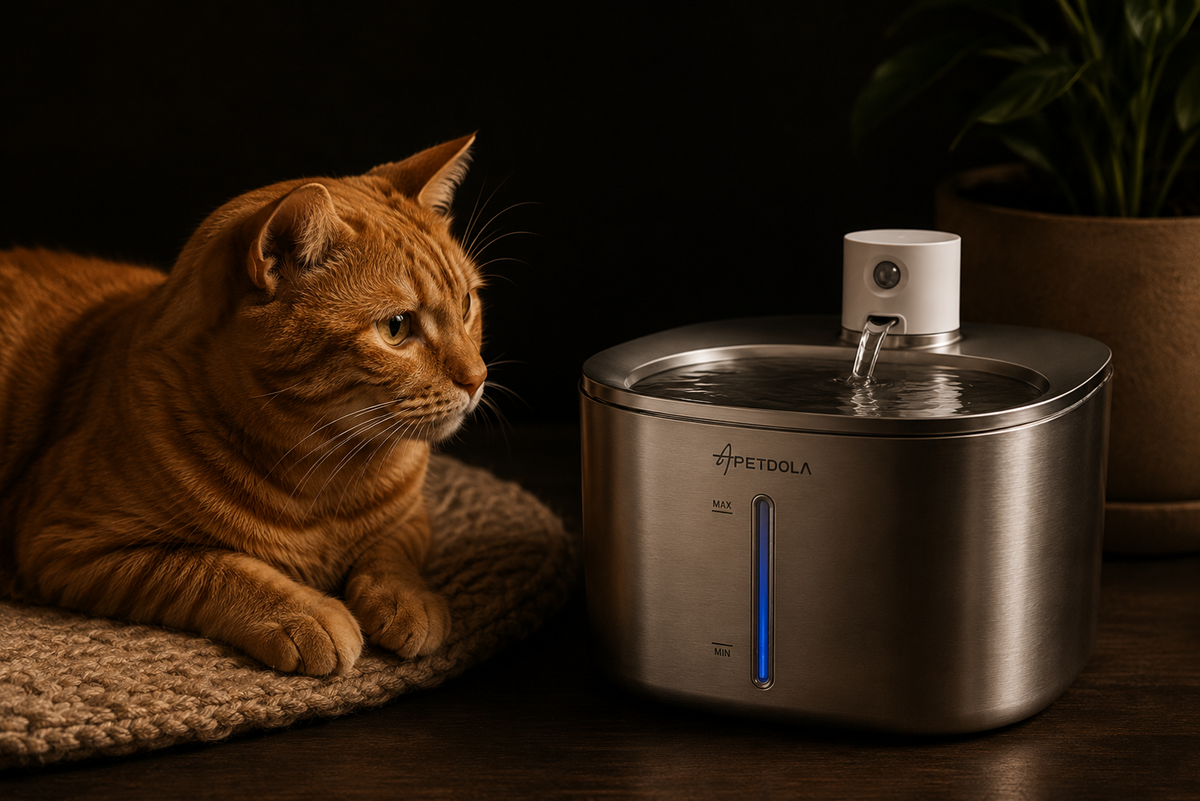 Gato naranja junto a la fuente automática para gatos DULYKAR de acero inoxidable 304 con agua en movimiento.