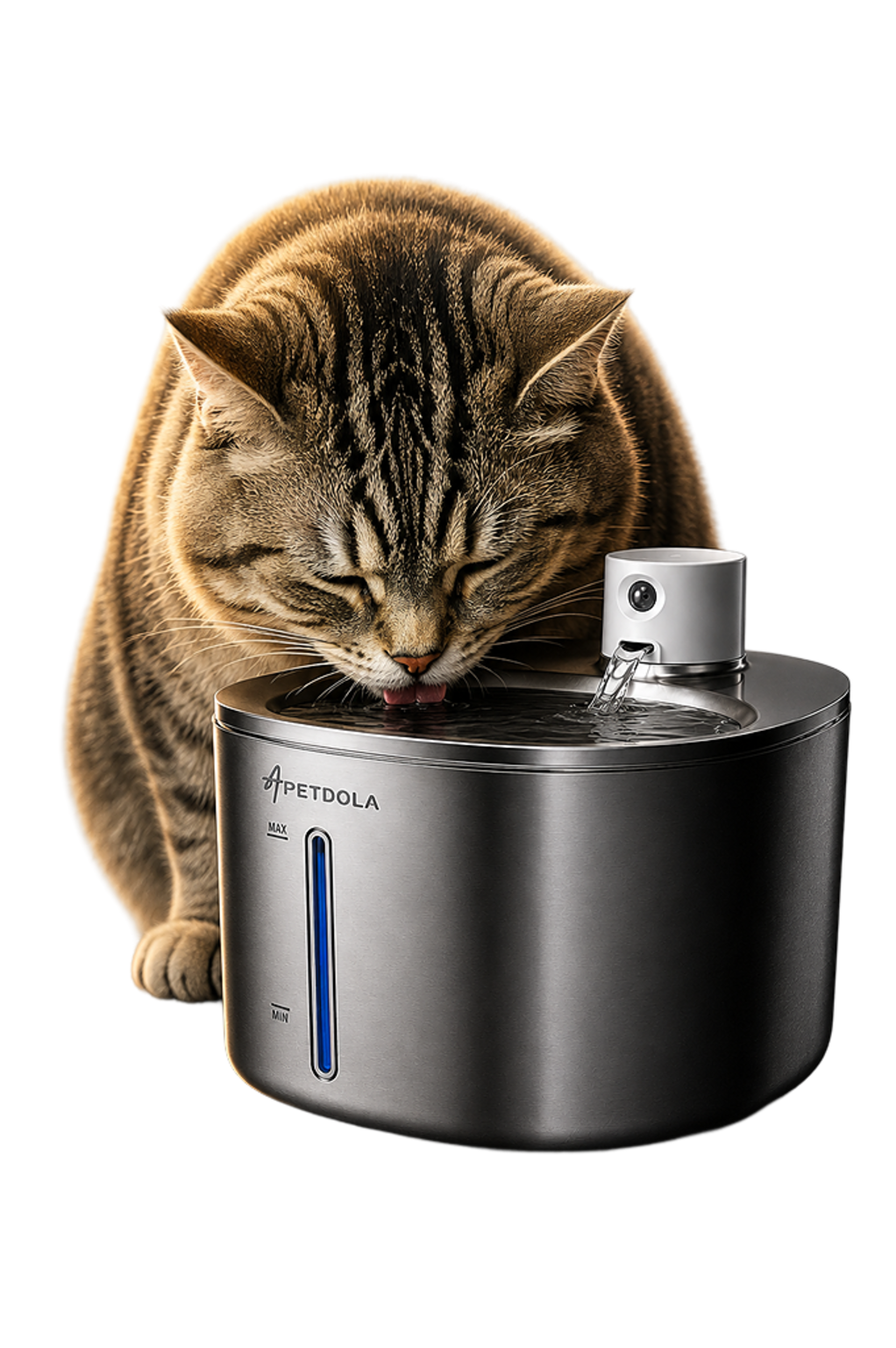 Gato bebiendo de una fuente automática para gatos de acero inoxidable