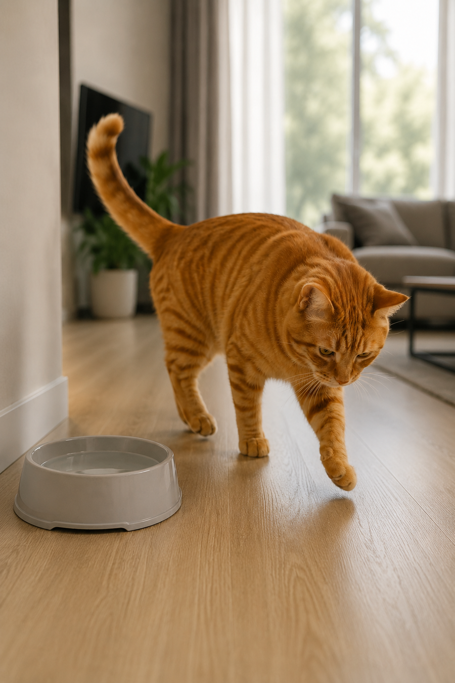 Gato caminando junto a un cuenco con agua estancada en casa