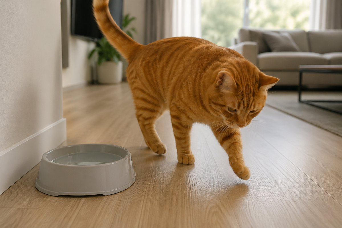 Gato caminando junto a un cuenco con agua estancada en casa