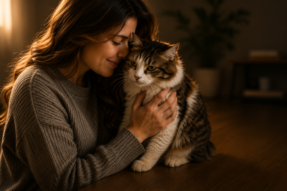 Persona abrazando a su gato mientras resuelve dudas sobre una fuente automática para gatos